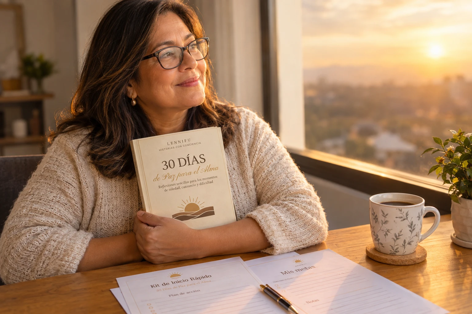 Mujer feliz con gafas sostiene su libro impreso junto a la ventana al amanecer